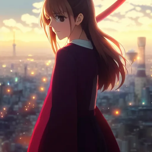 Image similar to portrait emma watson in heavens feel movie, tokyo, ufotable, kyoani, high quality, key visual, cinematic, city background, night time, rooftop, fate stay night, unlimited blade works, greg rutkowski, high resolution, street clothes, anime, high budget