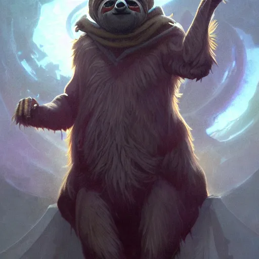 Prompt: unholy sloth, animal sloth, anthropomorphic sloth, demon, demonic robes, unholy light aura, ultra details, art by artgerm, dwayne barlowe, trending on artstation and greg rutkowski and alphonse mucha, 8 k