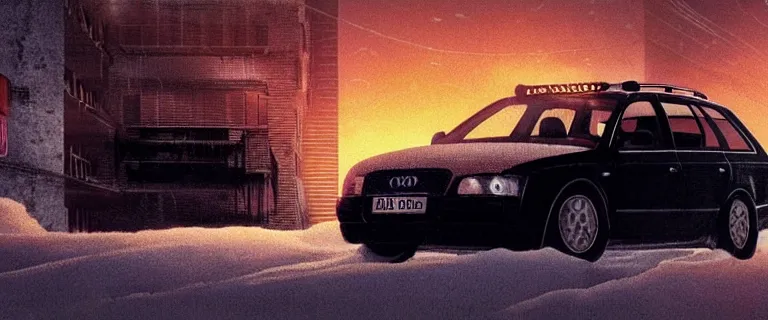 Image similar to Audi A4 B6 Avant (2002), a gritty neo-noir, dramatic lighting, cinematic, eerie person, death, homicide, homicide in the snow, gunshots, establishing shot, extremely high detail, photorealistic, cinematic lighting, artstation, by simon stalenhag, Max Payne (PC) (2001) winter New York at night, In the style of Max Payne 1 graphic novel, flashing lights, Poets of the Fall - Late Goodbye