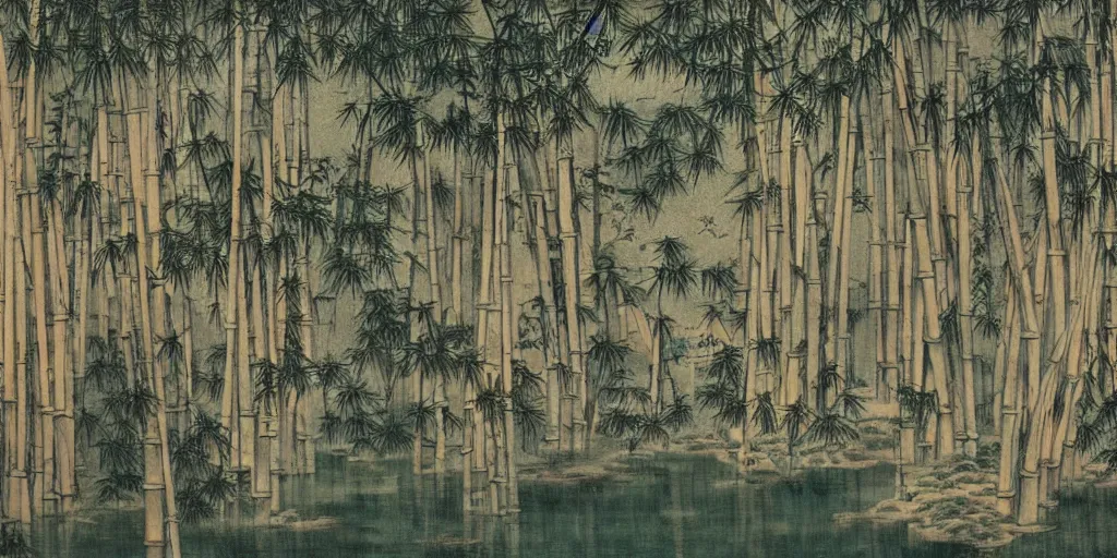 Prompt: The courtyard is like stagnant water and empty, with algae and cypresses in the water, covered with bamboo and cypress shadows, Chinese style painting