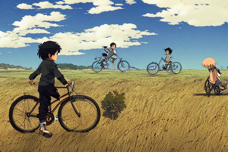 Prompt: a boy riding his bike through the plains of rural japan, high intricate details, rule of thirds, golden ratio, cinematic light, anime style, graphic novel by fiona staples and dustin nguyen, by beaststars and orange, peter elson, alan bean, studio ghibli, makoto shinkai