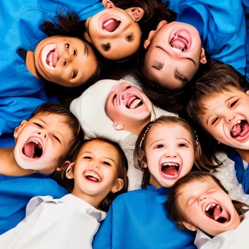 Prompt: A group of children laughing while performing a root canal , detailed photography