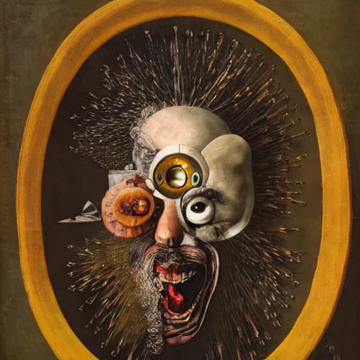 Image similar to a portrait of rick sanchez using a teleportation gun by giuseppe arcimboldo