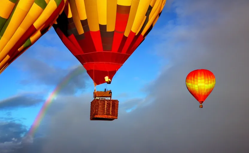 Image similar to hot air balloon flying through a double rainbow, oh the places you'll go by dr seuss