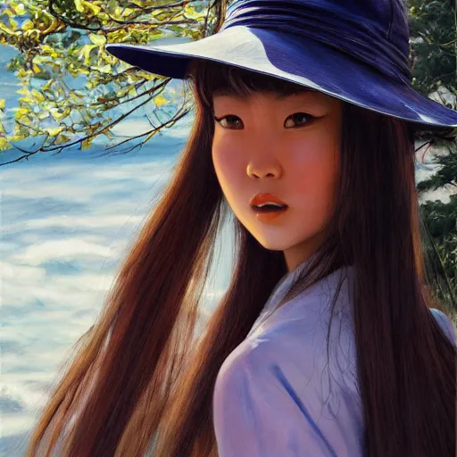 Image similar to oil painting by ilya kuvshinov, ross draws, artgerm, akira toriyama, eiichiro oda, of a youthful japanese girl, long hair, fishing and wearing fisherman's outfit, fisherman's hat, highly detailed, breathtaking face, studio photography, noon, intense bounced light, water reflection, large tree casting shadow, serine intense sunlight