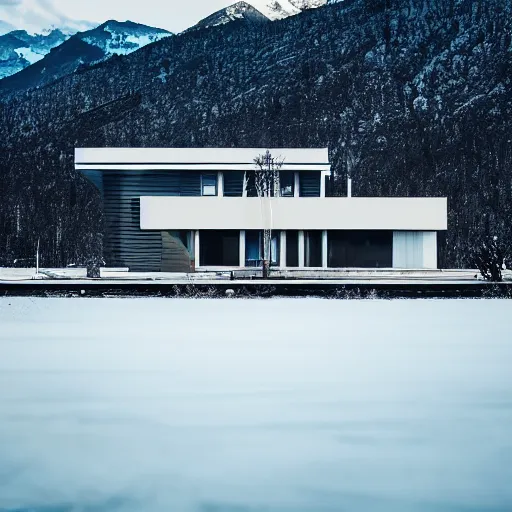 Image similar to wes anderson style modern futuristic house near the lake, snowy mountains and green forest, cinematic, realism, photo, detailed