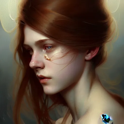 Prompt: portrait of a scottish teenage girl with dark blonde hair, glowing skin, delicate features, nerdy, fantasy, intricate, elegant, dress shirt, highly detailed, digital painting, artstation, concept art, smooth, sharp focus, illustration, art by Krenz Cushart and Artem Demura and alphonse mucha