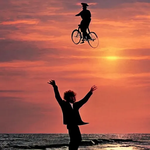 Image similar to bob dylan riding a unicycle over the ocean into the sunset, gorgeous photograph, very detailed, emotional