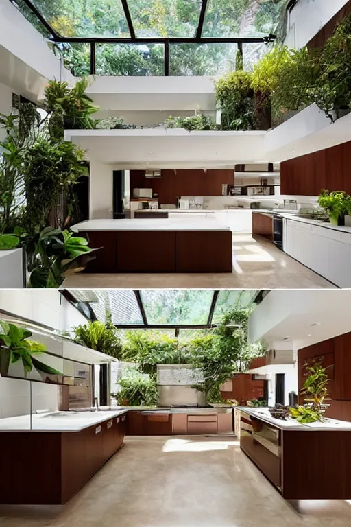 Prompt: a gigantic modern kitchen in a light and beautiful room with plants and furniture by john lautner, high detail, hyper-realistic environment