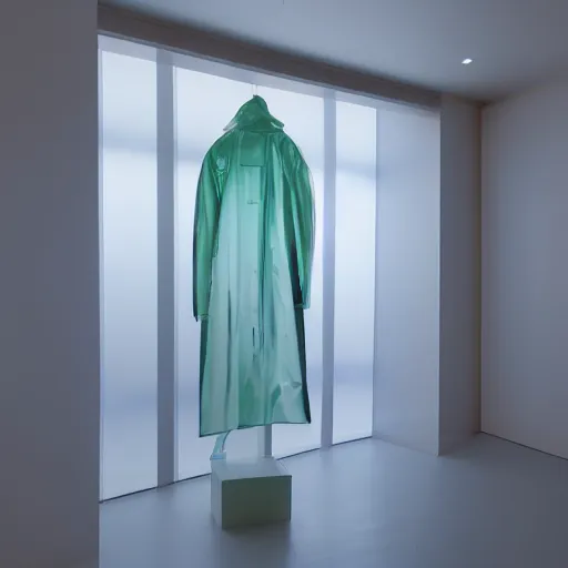 Prompt: an ultra high definition professional studio quality photograph of a transparent iridescent perspex pastel coloured raincoat sculpture on white coat hook in an empty white room. dramatic lighting, ray tracing, refraction, shallow d. o. f, colour corrected, golden ratio, three point light. volumetric shadows. god rays.