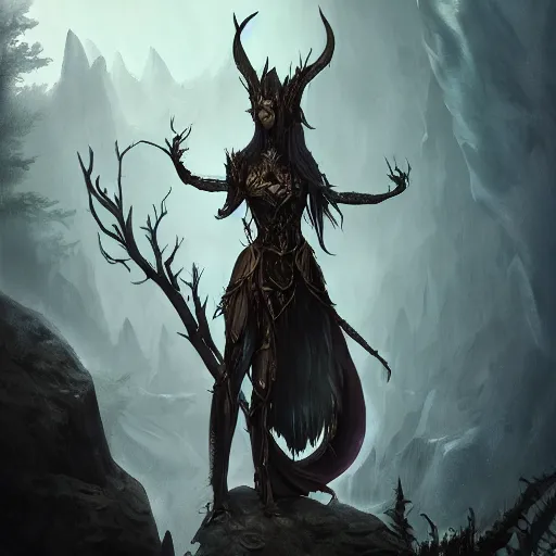 Image similar to dark fantasy concept of elven tree elf god, with dark steel and eldritch wood armor on a mountain, cinematic, dynamic lighting, photorealistic, ultra detailed, trending on art station, stunning visuals, creative, hyper detailed