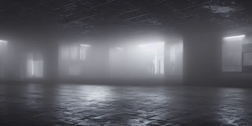 Prompt: a long angle shot of a big dark room with white lights on the celling, detailed, unreal engine, 4 k, dark, moody, foggy