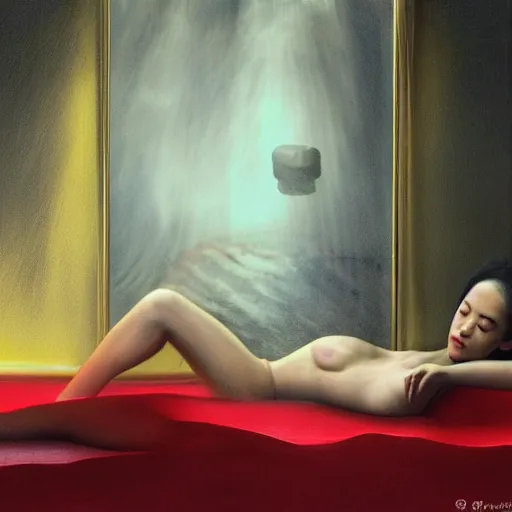 Image similar to Kiko Mizuhara full body laying in a blood red pool of water between a golden mirror frame, outside is space and inside the mirror frame is a beautiful landscape., physically accurate, dynamic lighting, intricate, elegant, highly detailed, digital painting, artstation, HR GIGER, very very Roberto Ferri, Hieronymus Bosch, Francis Bacon, concept art, smooth, sharp focus, illustration, art by artgerm and greg rutkowski and alphonse mucha