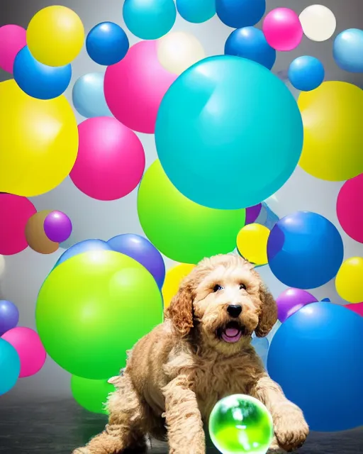 Image similar to stock photos of a golden doodle puppy chasing after giant soap bubbles in a studio