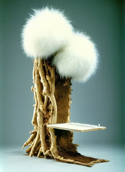 Image similar to realistic photo of a a medieval brushwood archeology scientific equipment device made of brushwood, with white fluffy fur, by dieter rams 1 9 9 0, life magazine reportage photo, natural colors