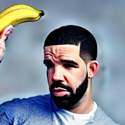 Image similar to a photograph of drake holding a banana up to his ear