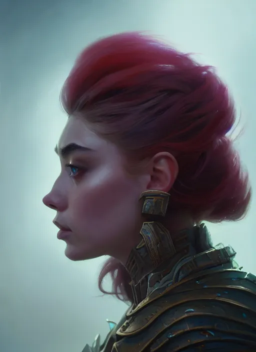 Image similar to side portrait, imogen poots, paladin, fantasy, gloomhaven, luminescent, organic painting, matte painting, bold shapes, hard edges, gaudy colors, octane render, unreal engine, by greg manchess, huang guangjian, greg rutkowski, jesper ejsing, magali villeneuve, jeremy lipkin, artgerm