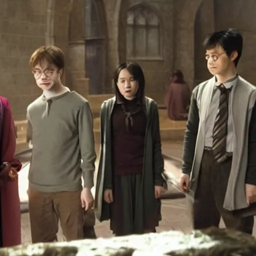 Image similar to harry potter using crucio on voldemort while ginny and cho chang applaud and ron cries