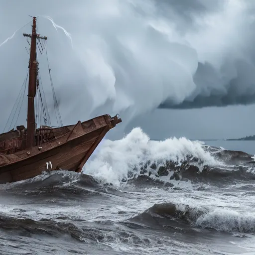 Prompt: Stormy sea, big waves, rain, lightning, gray clouds, old wooden ship, Giant Tentacles rising from water in foreground, Canon EOS R3, f/1.4, ISO 200, 1/160s, 8K, RAW, unedited, symmetrical balance, in-frame.