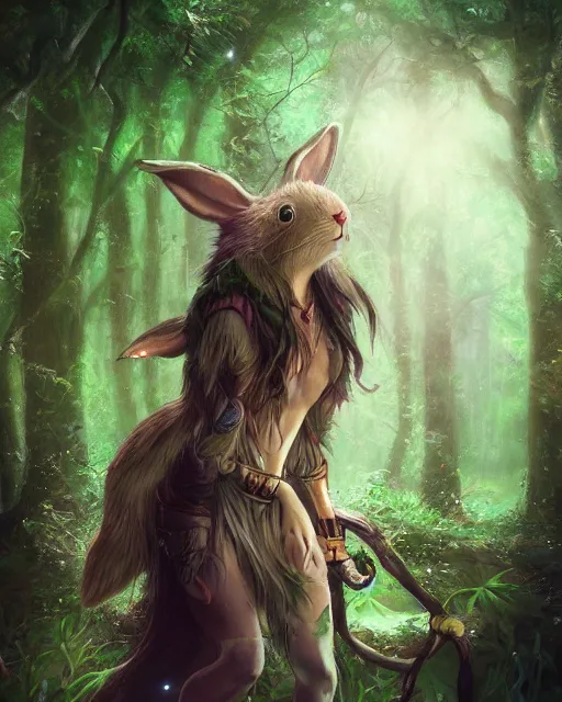 Prompt: a mystic rabbit druid mage. photorealistic, ethereal, magical forest, bokeh, highly detailed, trending artstation