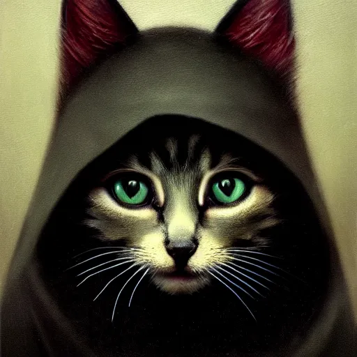 Image similar to a portrait of a kitten wearing a black hood, cloak covering face, anatomically correct, beautiful perfect face, enigmatic, oil painting, matte, black background, Volumetric dynamic lighting, Highly Detailed, Cinematic Lighting, Unreal Engine, 8k, HD, by Beksinski