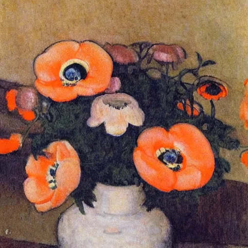 Image similar to light orange by gabriele munter, by william russell flint weary. a photograph of a group of anemones in a vase