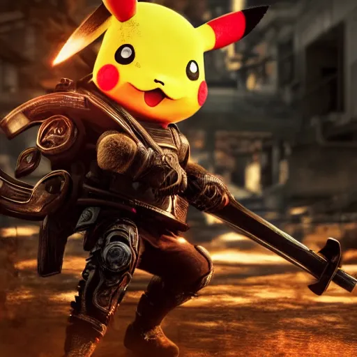 Prompt: 'Samurai Pikachu' in Gears of War, splash art, movie still, cinematic lighting, dramatic, octane render, long lens, shallow depth of field, bokeh, anamorphic lens flare, 8k, hyper detailed, 35mm film grain