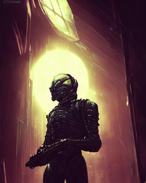 Image similar to Sci-Fi Lizard alien, armored, art by Kashin, Wadim, holding rifle, sharp focus, pitch black Spaceship hallway background, heroic pose, sci-fi horror artwork, octane render, dead space artwork, cyberpunk, horror, volumetric lighting, 8k high definition, highly detailed, trending on art Station, by Greg Rutkovski, magic the gathering artwork, centered, horror, sci-fi artwork, soft purple glow, warm light, arnold render