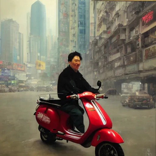 Image similar to portrait of the chilean redhead vespa fan in hong kong, oil on canvas by ruan jia and yoshitaka amano