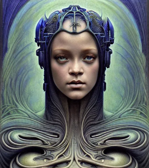 Image similar to detailed realistic beautiful young medieval alien robot rihanna face portrait by jean delville, gustave dore and marco mazzoni, art nouveau, symbolist, visionary, gothic, pre - raphaelite. horizontal symmetry by zdzisław beksinski, iris van herpen, raymond swanland and alphonse mucha. highly detailed, hyper - real, cyberpunk, fractal baroque