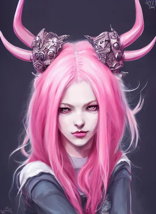 Image similar to a highly detailed illustration of cute smug pink haired pale demon girl with curved horns wearing oversized pink hoodie, dramatic smirk pose, intricate, elegant, highly detailed, centered, digital painting, artstation, concept art, smooth, sharp focus, league of legends concept art, wlop.