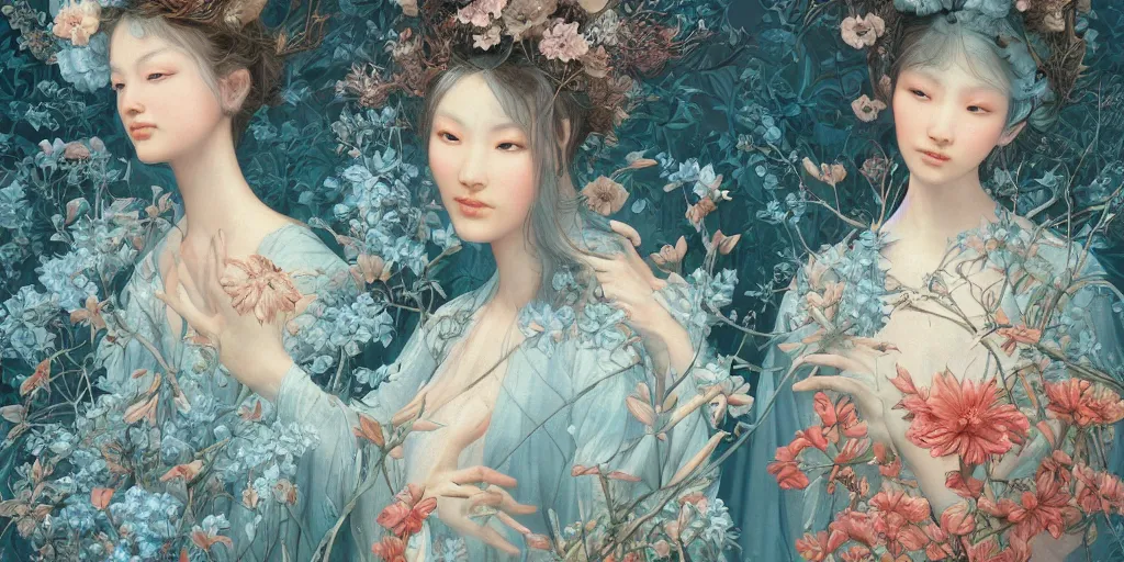 Image similar to breathtaking detailed concept art painting portrait of two goddess of light blue flowers by hsiao - ron cheng, carroty hair, orthodox saint, with anxious piercing eyes, vintage illustration pattern background with bizarre compositions blend of flowers and fruits and birds by beto val and john james audubon, exquisite detail, extremely moody lighting, 8 k