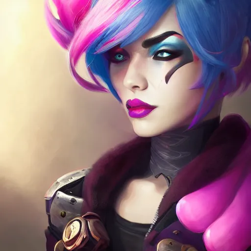 Image similar to portrait of Vi from League of Legends, by Fortiche Studio, by Riot Games, from Netflix's Arcane, trending on artstation,fine details, realistic shaded, fine-face, painted texture, pretty face