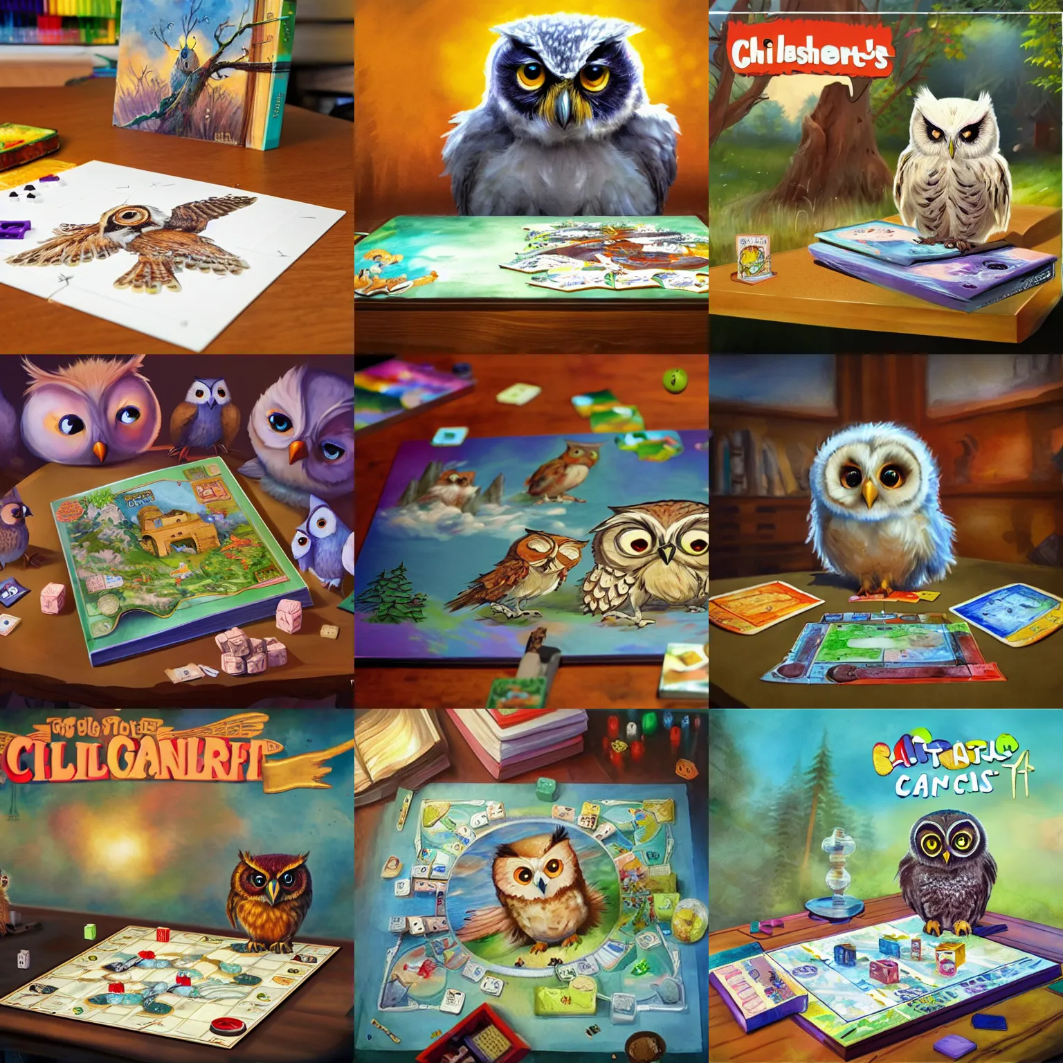 Prompt: board games on a table, with a cute fluffy baby owl, children's book, water color, artstation, concept art, matte, sharp focus, illustration, art by Ivan Gantschev