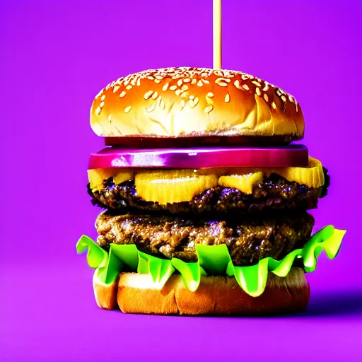 Image similar to a stock photo of a banana burger on a purple background, product photography, f 2. 4, bokeh effect, award winning