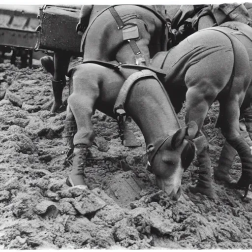 Prompt: authentic world war ii photo of my little ponies in the trenches