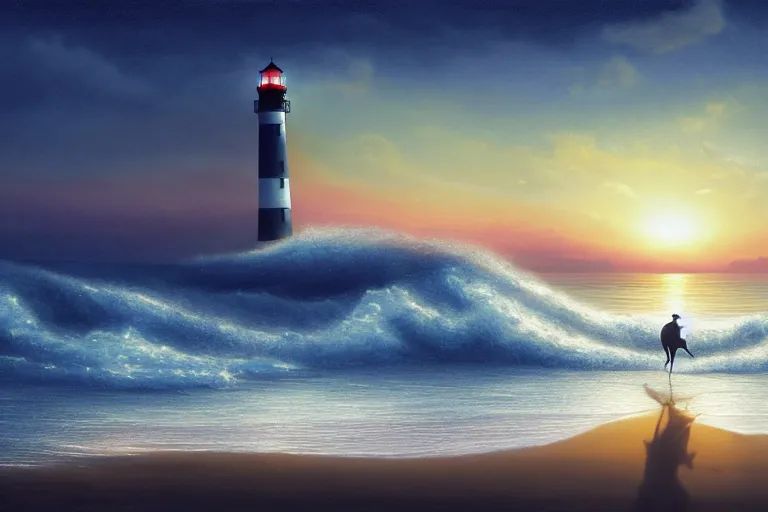 Image similar to photo of man riding a horse along the beach, glowing underwater waves toward a lighthouse in the distance guiding his way, silhouette, wide horizon, large white clouds, night, intricate, elegant, highly detailed, digital painting, artstation, concept art, smooth, sharp focus, illustration, art by artgerm and greg rutkowski and fra angelico