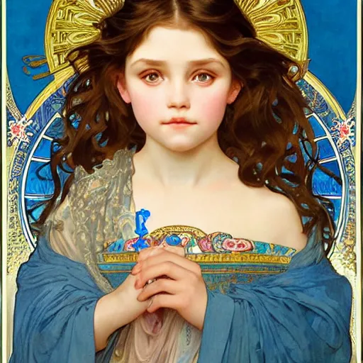 Image similar to a little girl with short wavy curly light brown hair and blue eyes, a space empress in byzantine style. beautiful highly detailed face, painting by ilya kuvshinov and alphonse mucha