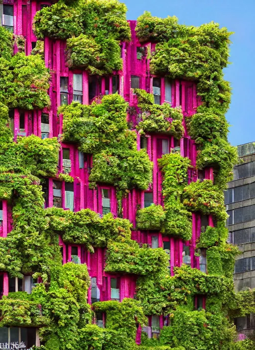 Image similar to brutalist buildings covered in colorful vines and flowers by Denys Lasdun