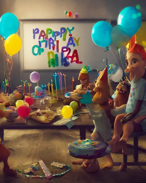 Image similar to pals have a birthday party, hyper realism, cinematic shot, epic composition, fine details, octane render, unreal engine, 8 k, depth of field, concept art, digital art, deviantart artstation, extremely detailed, very sharp,