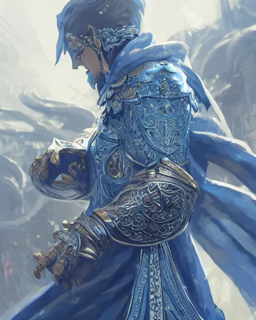Prompt: concept art, full body portrait of king sorcerers, ornate, blue and silver, armor, robes, hyperrealistic, 4 k, dramatic scene, cinematic lighting, atmospheric perspective, unreal engine, highly detailed, dramatic lighting, beautiful, atmospheric lighting, visible face, by makoto shinkai, stanley artgerm lau, wlop, rossdraws