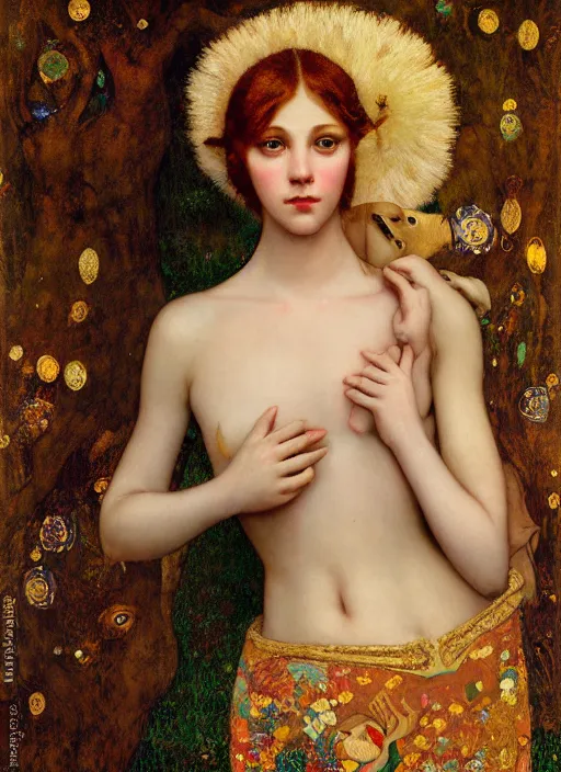 Prompt: a portrait of a human female body of a deer with human eyes wearing aristocratic clothes, titian, sam spratt, maxfield parrish, gustav klimt, tom bagshaw, mark ryden, alphonse mucha, rembrandt, high quality, painting, oil