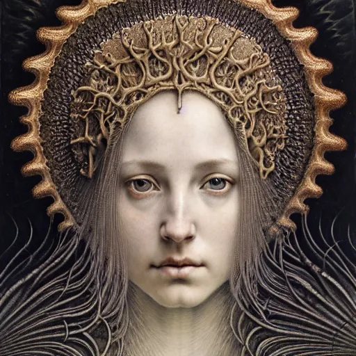 Prompt: detailed realistic beautiful young medieval queen face portrait by jean delville, gustave dore, iris van herpen and marco mazzoni, art forms of nature by ernst haeckel, art nouveau, symbolist, visionary, gothic, neo - gothic, pre - raphaelite, fractal lace, ai biodiversity, surreality, horizontal symmetry, intricate hyper detailed ultra sharp octane render