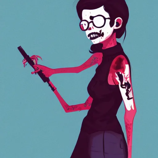 Prompt: Digital portrait of a cartoon punk zombie young lady by Atey Ghailan, by Loish, by Bryan Lee O'Malley, by Cliff Chiang, ((dark blue moody background))