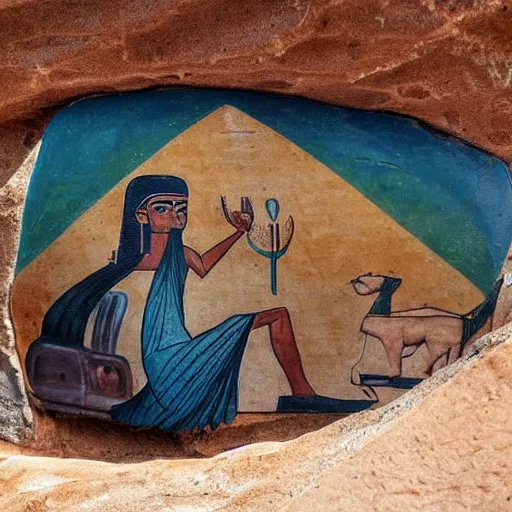 Image similar to egyptian rides in a car behind the wheel, rock painting in fresco