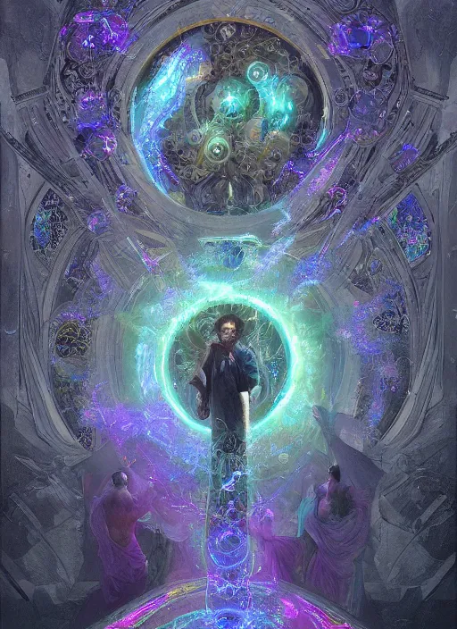 Image similar to inner schema of soul is an occult graph made of iridescent bubbles, trending on ArtStationHQ, hyperdetailed DnD painting by Dariusz Zawadski and Greg Rutkowski and James Gurney