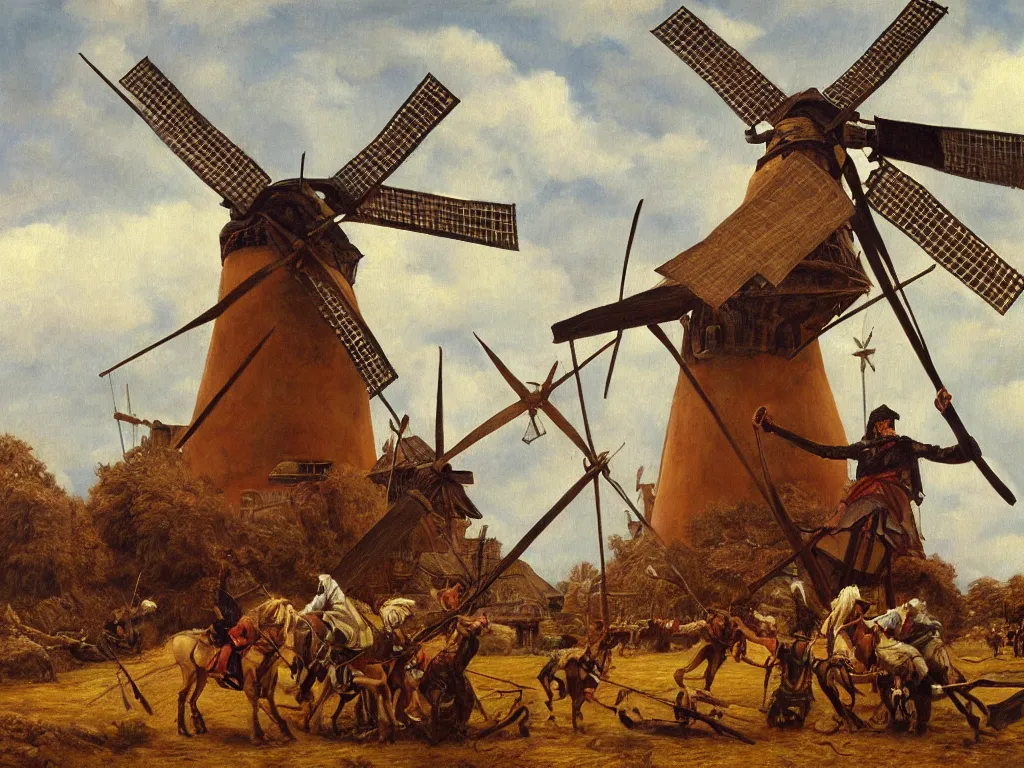 Image similar to oil painting of don quijote attacking a windmill, hyperrealism, highly detailed, pre - raphaelite style