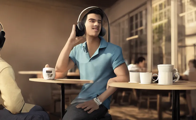 Prompt: a male teenager with headphones in a cafe sitting in front of a table with a coffee, digital painting, masterpiece, digital art, concept art, octane render, unreal engine 5, trending on deviantart, highly detailed, high quality, 4 k, cartoon, high coherence, realistic, anatomically correct, five fingers, relaxing, realistic and detailed face, beautiful, elegant