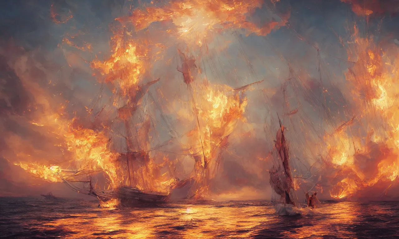 Prompt: a beautiful digital painting of a white caravel on fire flying in the clouds, firestorm of embers in the sunlight, rain of flames numerous burning ropes and intricated sails, blue sky at sunset, elegant, highly detailed, artstation, concept art, matte, sharp focus, art by tom bagshaw, kelogsloops and greg rutkowski