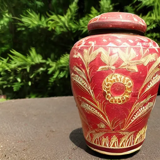 Prompt: old satsuma jar, handsomely decorated in relief with red and gold